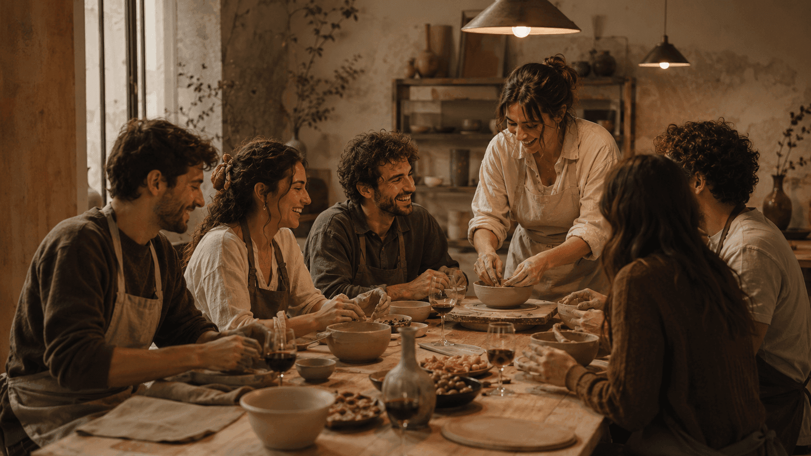 Gruppo di amici condivide un'esperienza artigianale privata
